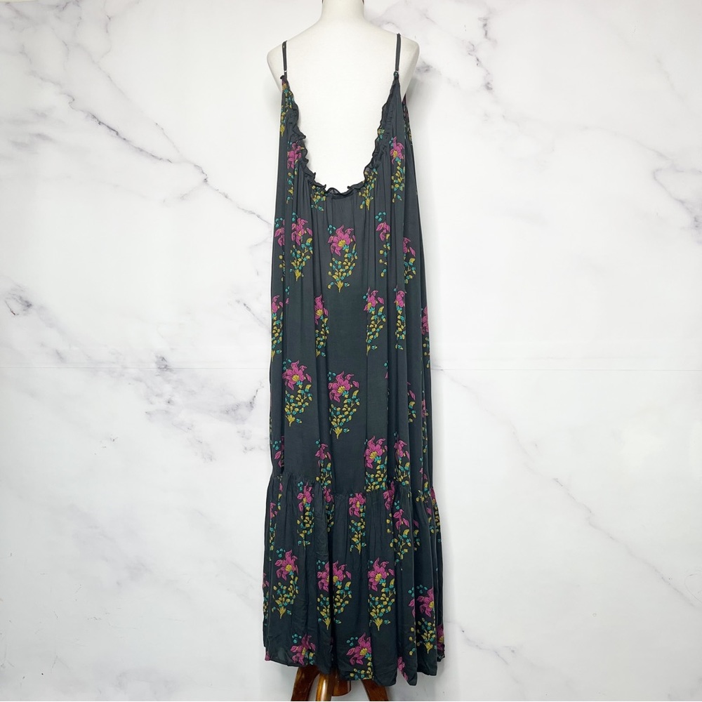 SOLD Anthropologie Flounced Maxi Lounge Dress Black Motif Floral - Picture 10 of 15
